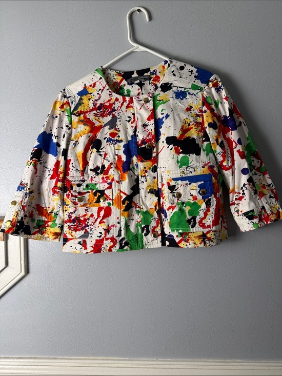 Muse Jackets & Blazers - Muse White Cropped Blazer with Multicolor Paint-Splash Print